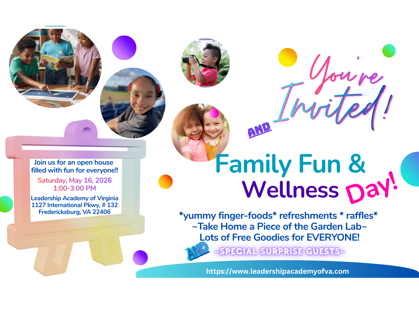 Colorful invitation poster announcing 'You're Invited! Family Fun & Wellness Day' with circular photos of kids, a pastel easel displaying event details, and a blue curved banner with the site URL.