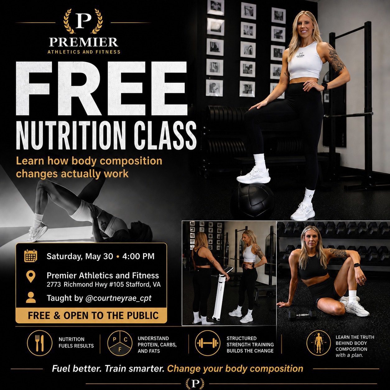 Promotional poster for a free nutrition class at Premier Athletics and Fitness, featuring a fit woman in a white crop top and black leggings in a gym.