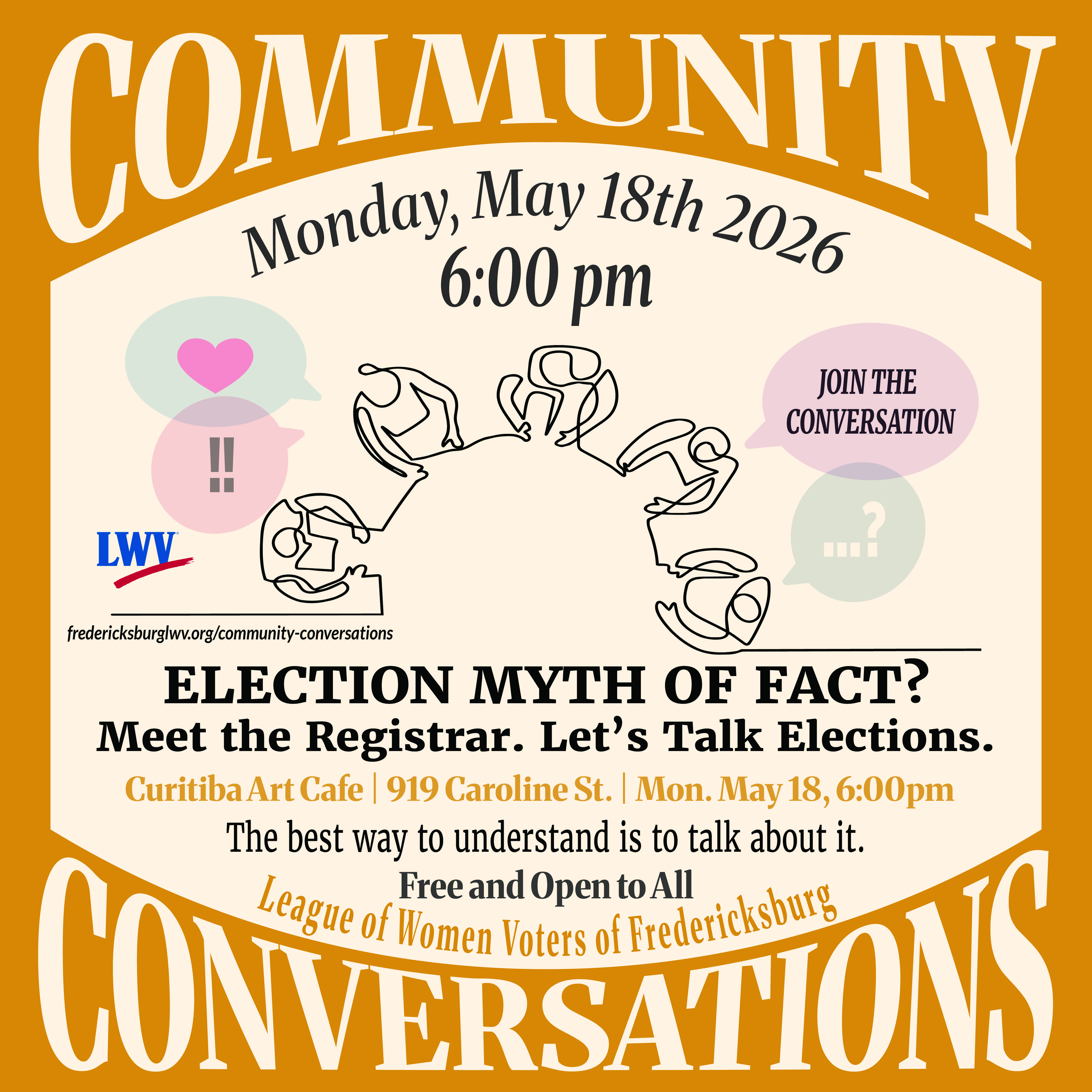 Promotional poster for a Community Conversation event, with bold orange background, large curved 'COMMUNITY' title and speech-bubble graphics.