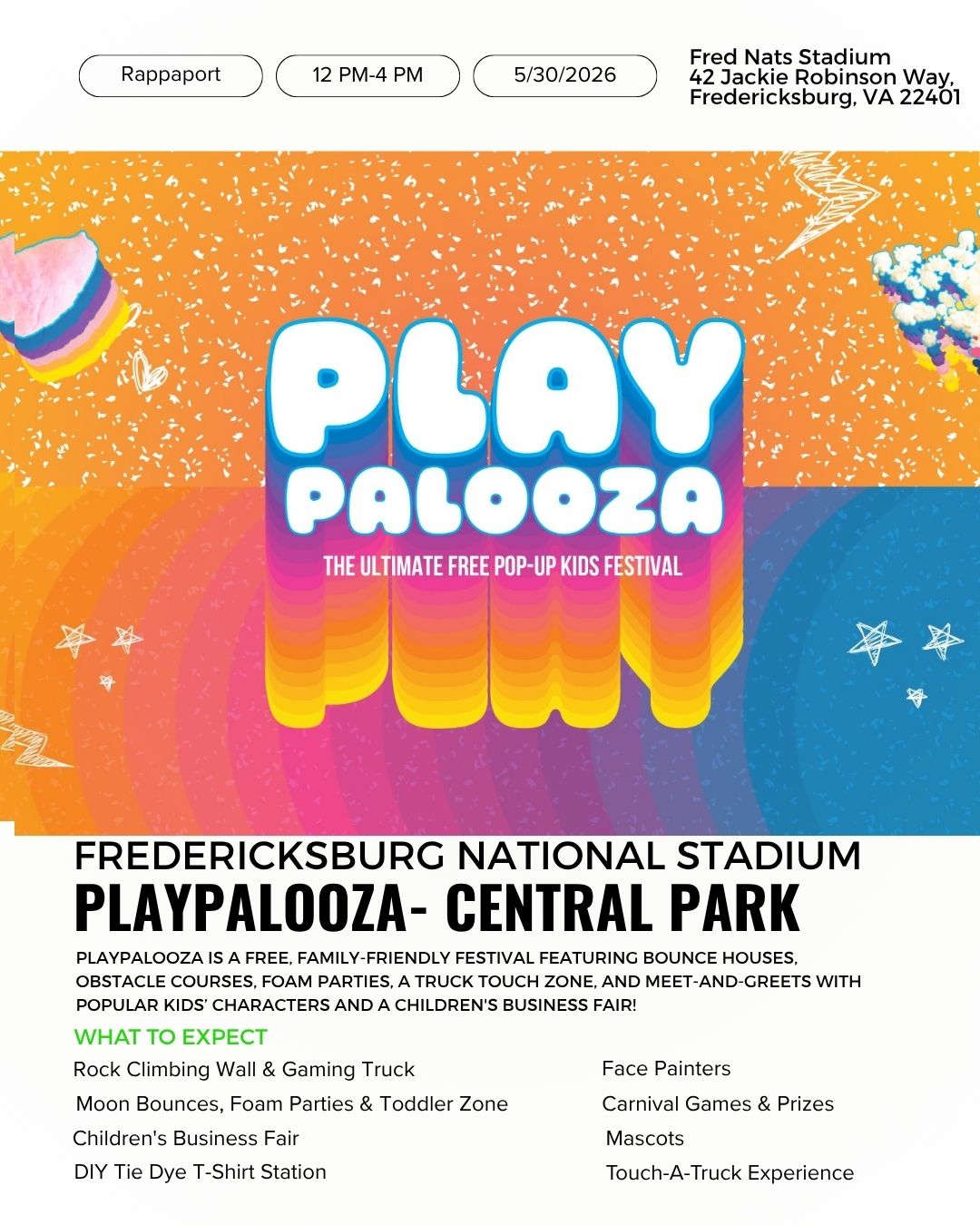 Colorful poster for PlayPalooza at Fredericksburg National Stadium, Central Park, May 30, 2026, 12–4 PM—free family festival with bounce houses and activities.