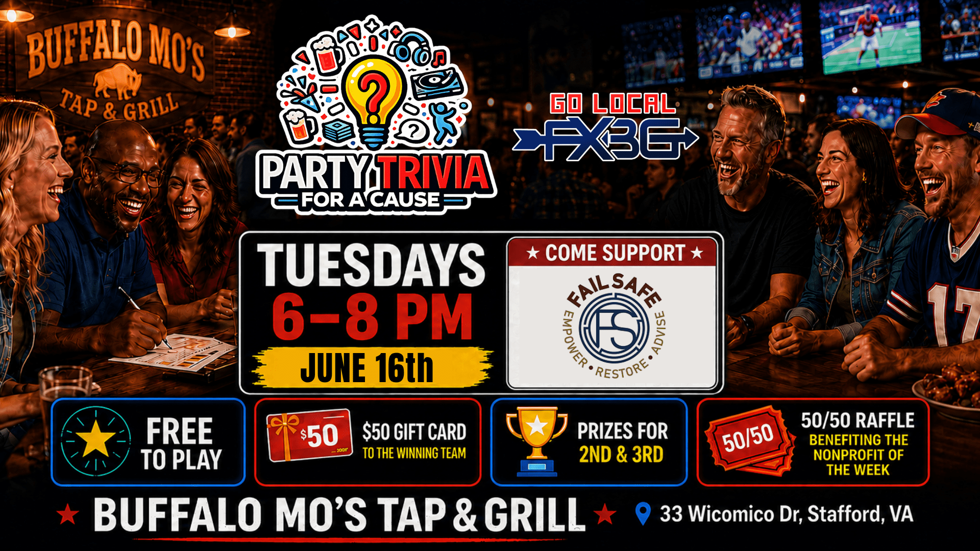 Promotional banner for Party Trivia for a Cause at Buffalo Moe’s Tap & Grill with event time and date.