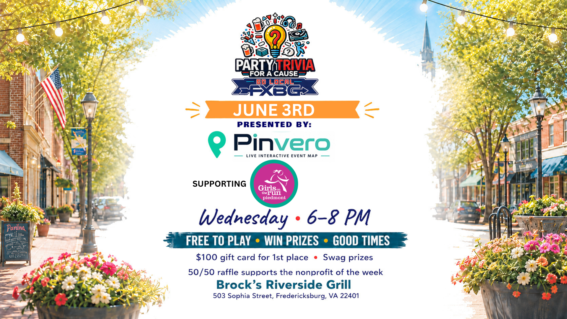 Promotional poster for Party Trivia for a Cause on June 3, presented by PinVero, supporting Girls on the Run Piedmont.