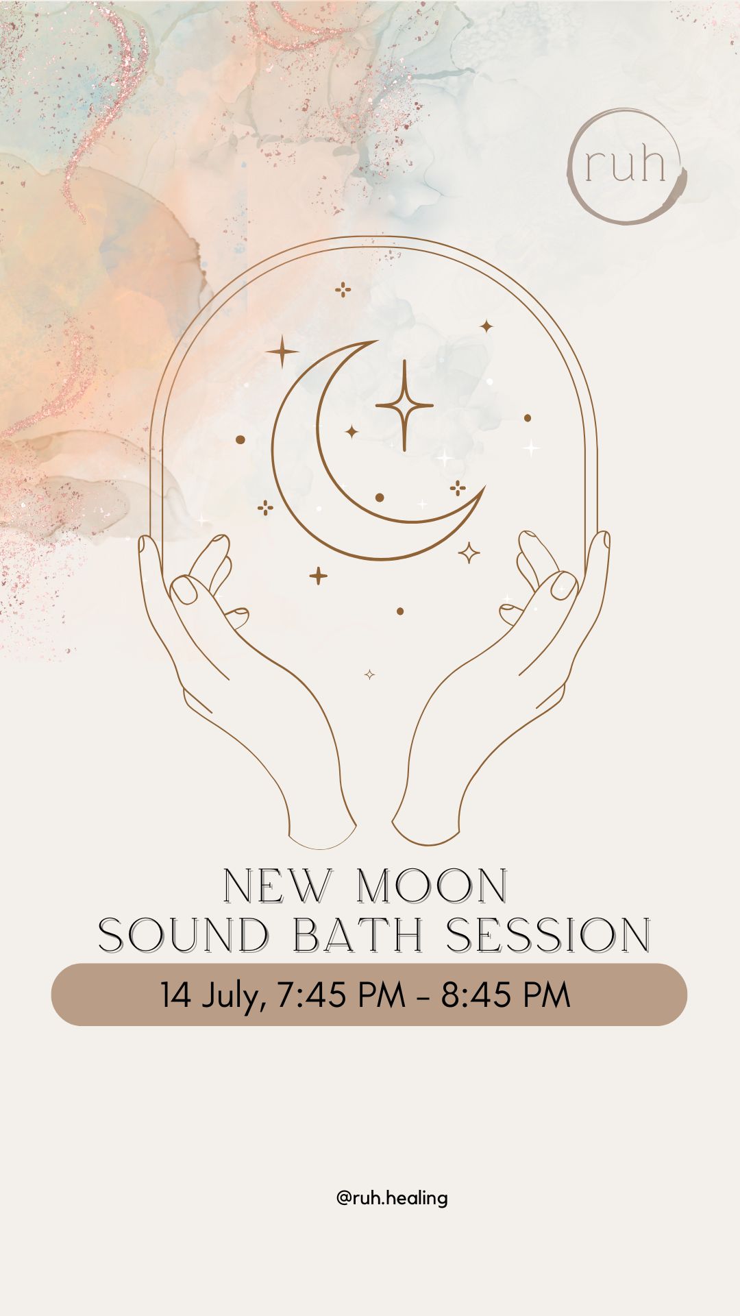 Poster advertising a New Moon Sound Bath Session with cupped hands around a crescent moon and stars against a pastel backdrop.