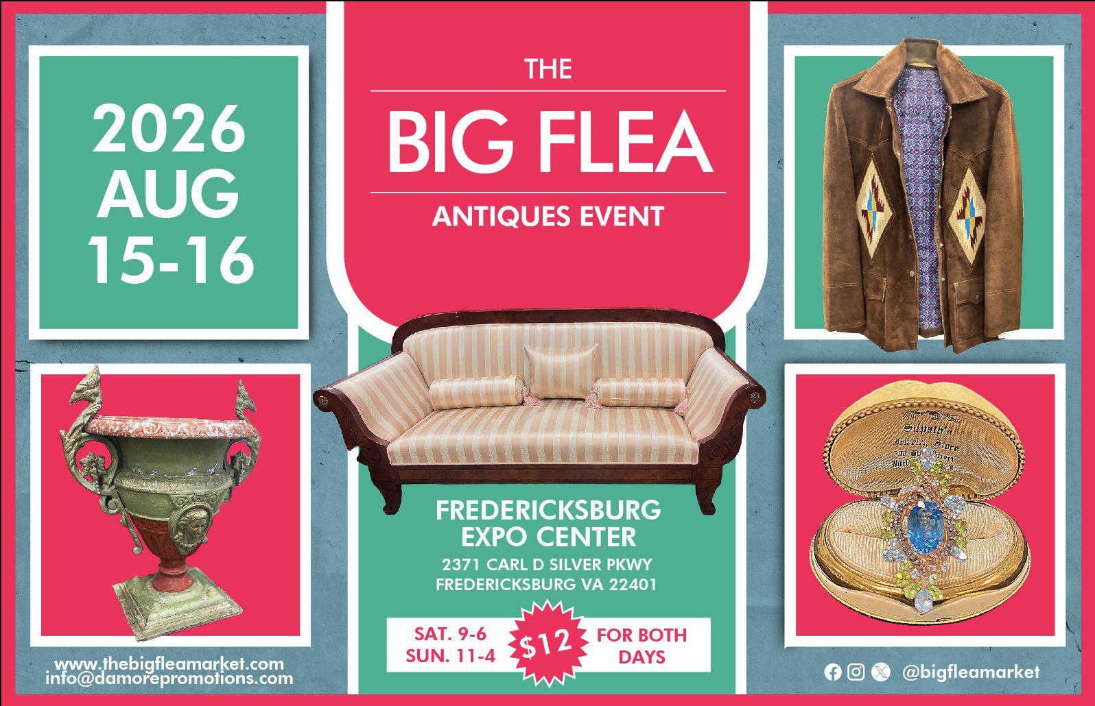 Promotional poster for The Big Flea Antiques Event with a central striped sofa; dates Aug 15–16, 2026, at Fredericksburg Expo Center (Virginia).