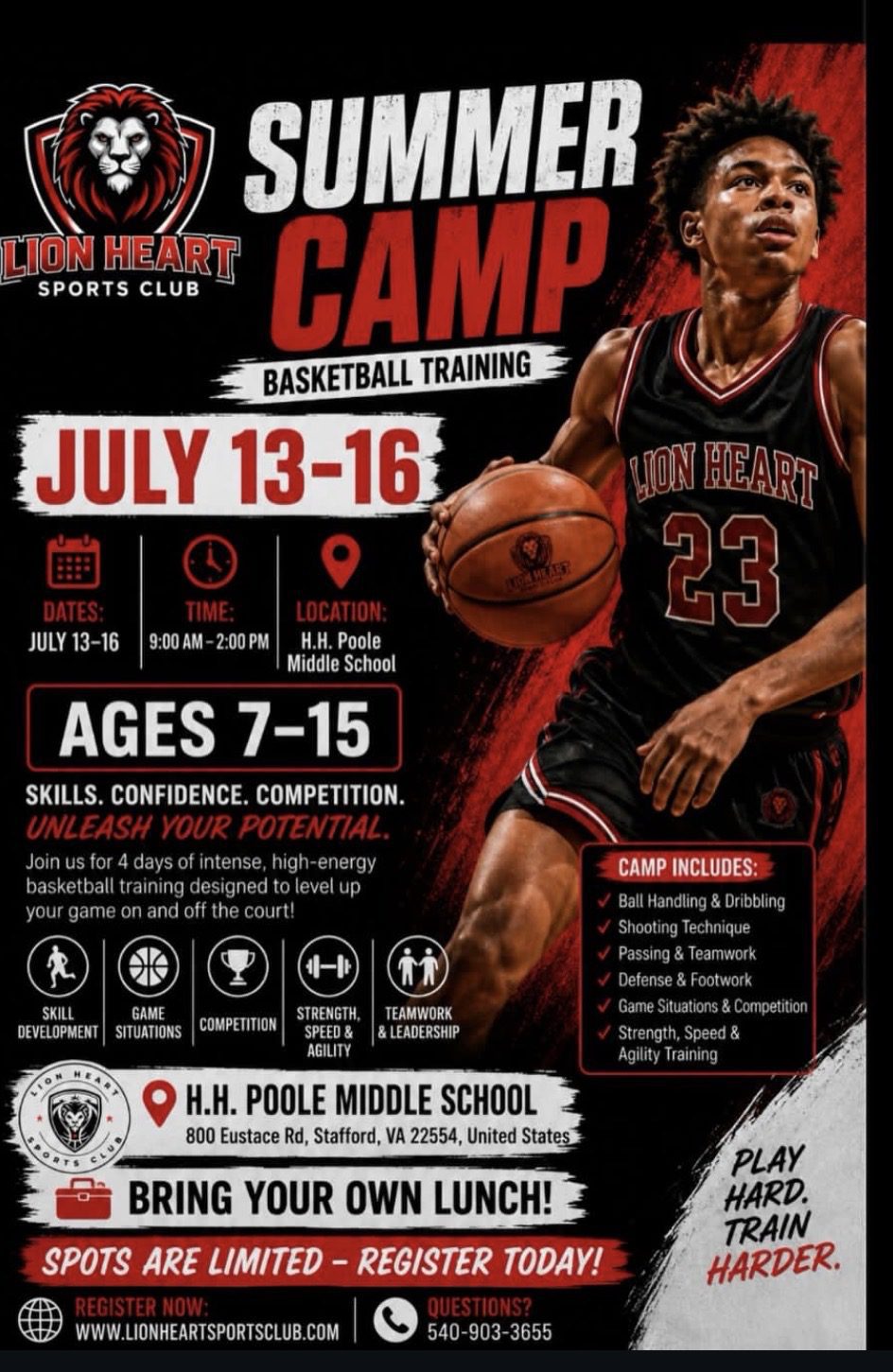 Poster for Lion Heart Summer Camp: basketball training July 13–16 for ages 7–15 at H.H. Poole Middle School, 9:00 AM–2:00 PM.