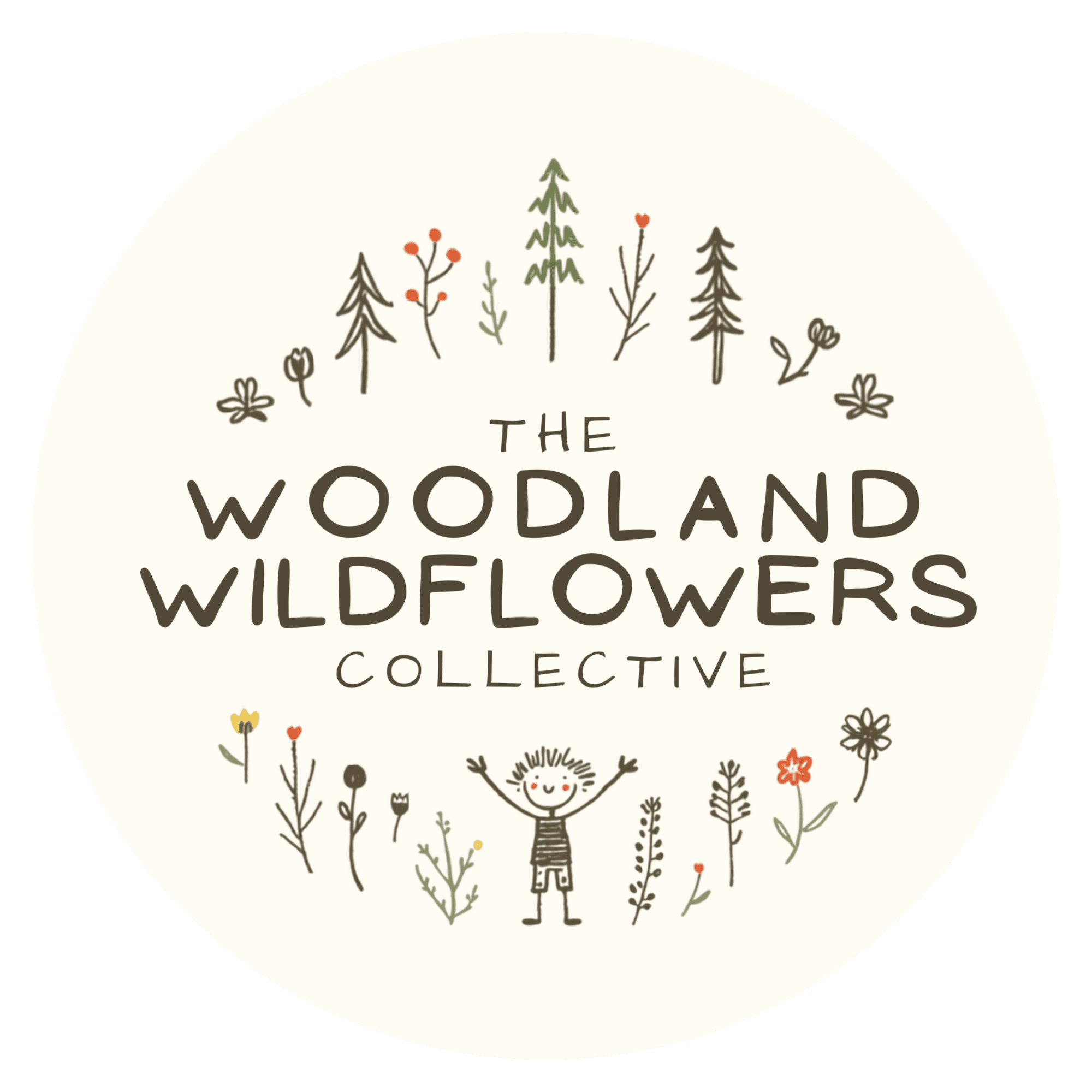 Logo for The Woodland Wildflowers Collective featuring hand-drawn flowers and a smiling child on a cream circular background
