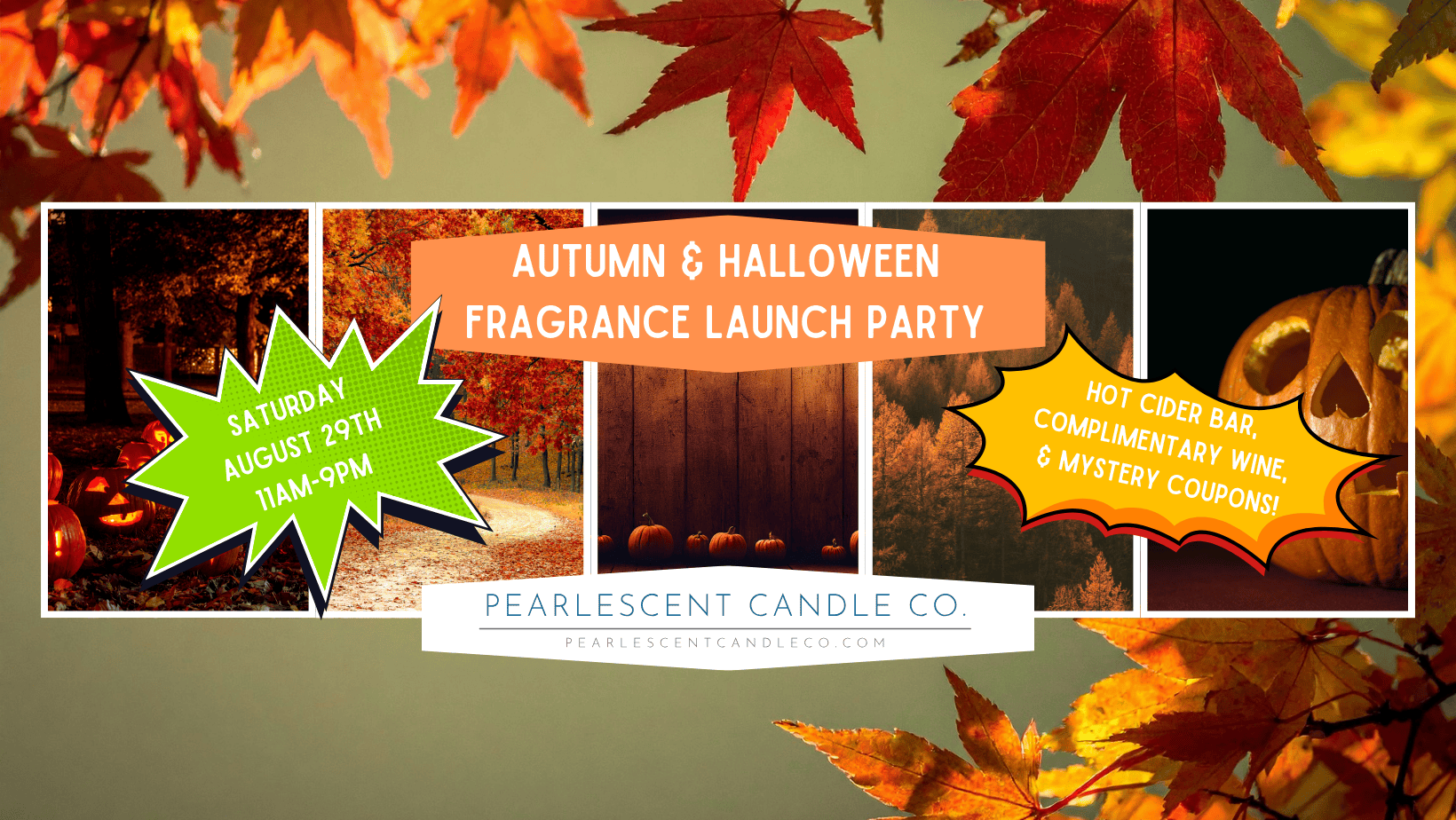 Collage poster for an Autumn & Halloween fragrance launch party with a green starburst date, an orange banner title, and a yellow burst of offers over fall photos and pumpkins.