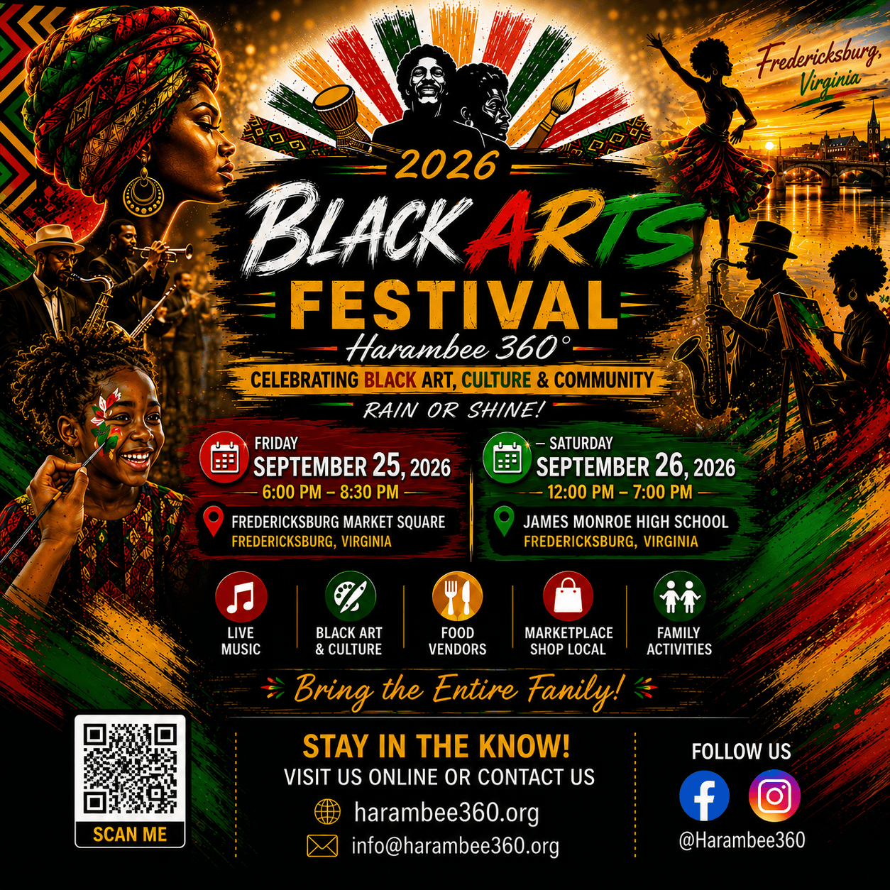 Festival poster for 2026 Black Arts Festival celebrating Black art, culture, and community in Fredericksburg, Virginia with dates Sept 25–26 and activities listed.