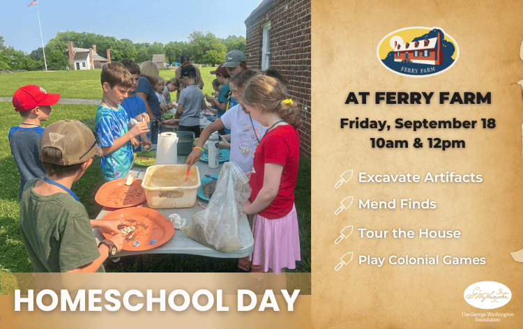 Children gather around a hands-on activity table outdoors for a homeschool day; a Ferry Farm poster on the right lists times and activities.